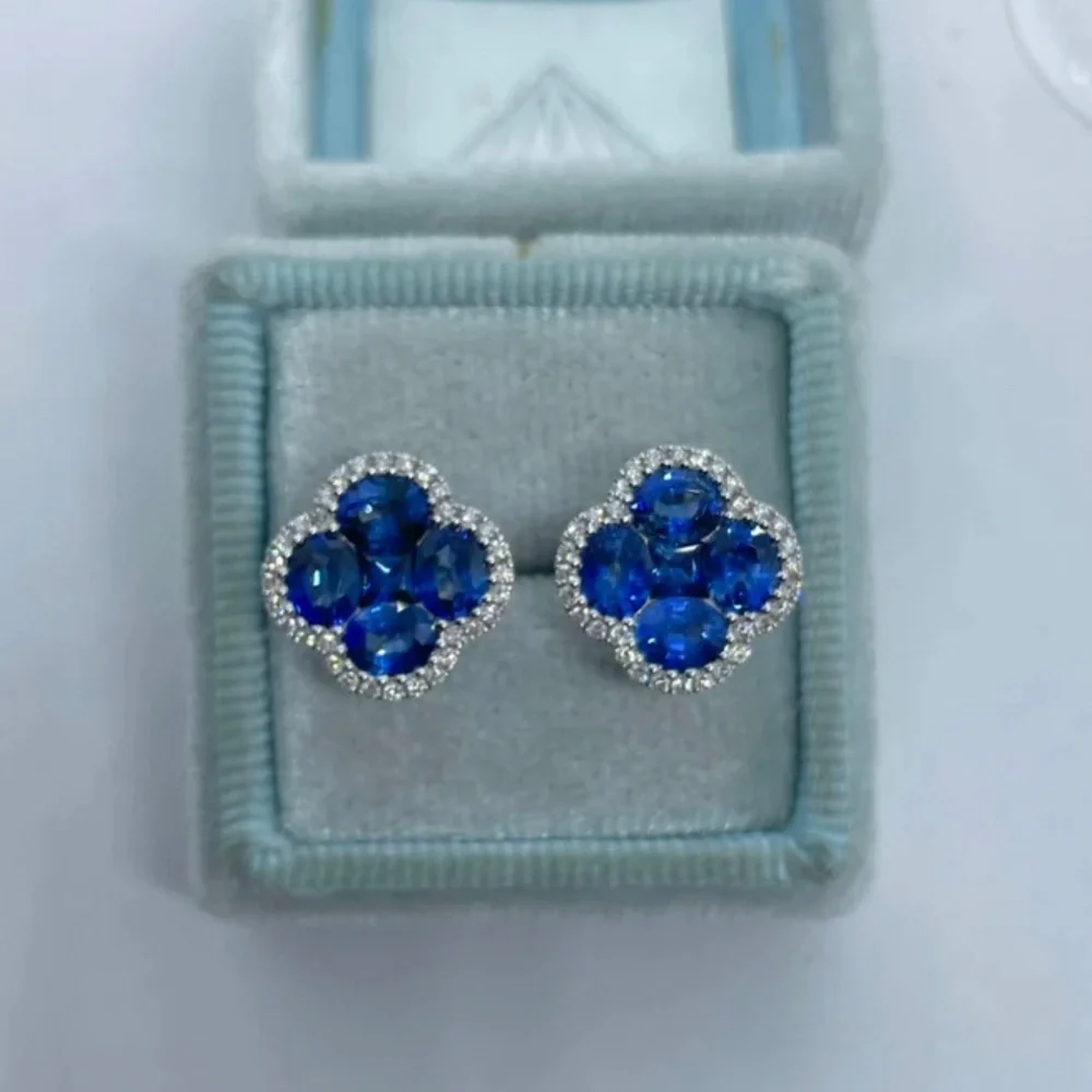 Sapphire and Diamond Earrings, Clover Sapphire Earrings, 13mm 18K White Gold - Picture 3 of 6